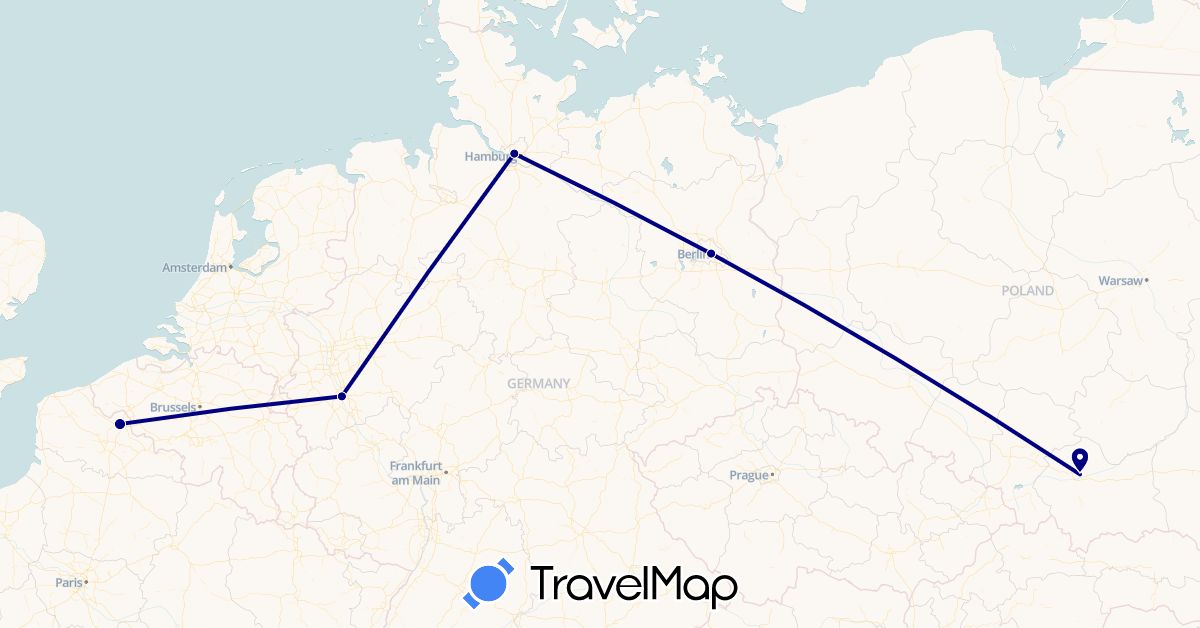 TravelMap itinerary: driving in Germany, France, Poland (Europe)